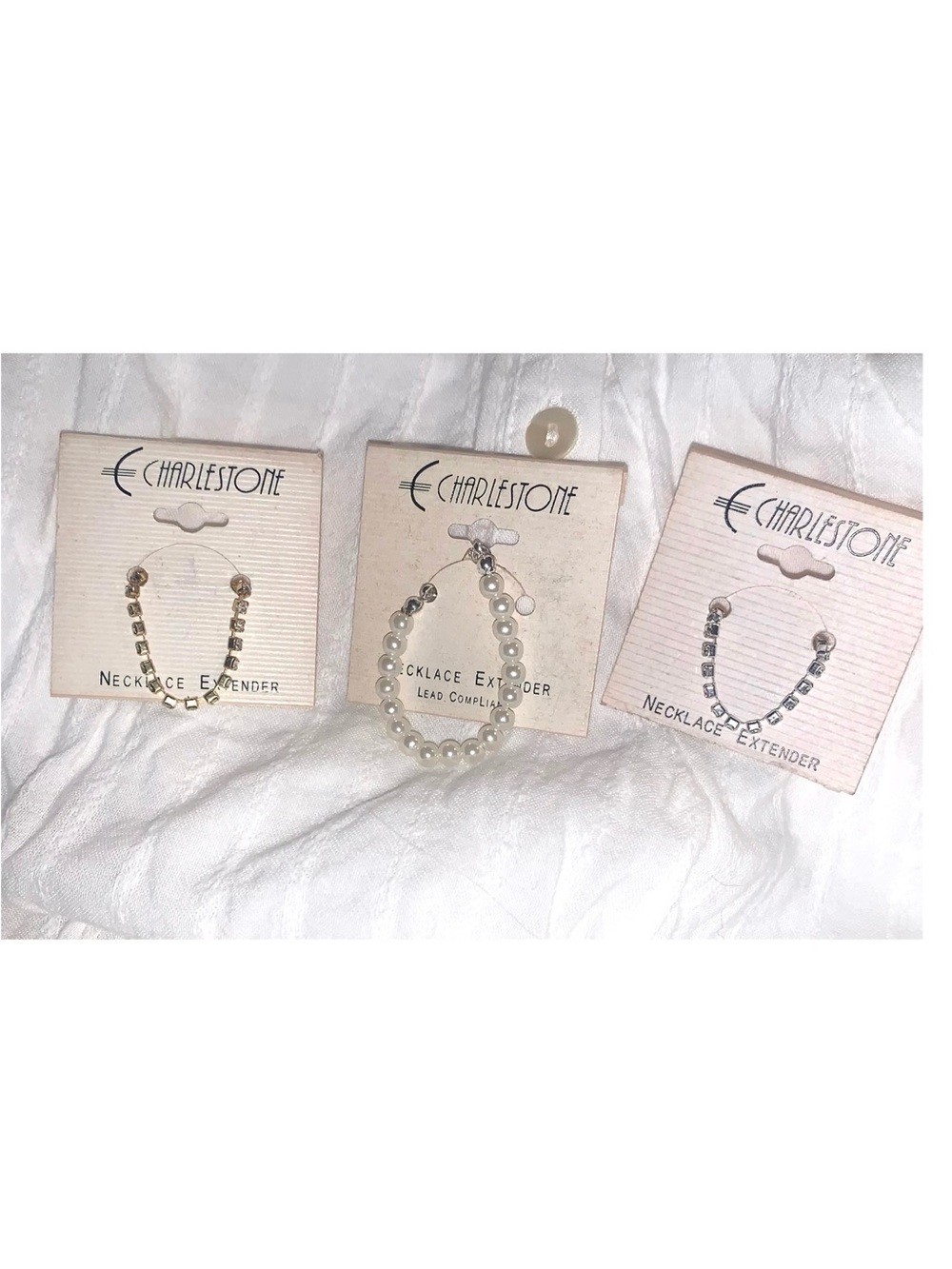 Charleston Necklace extenders white pearls, silver and gold rhinestones